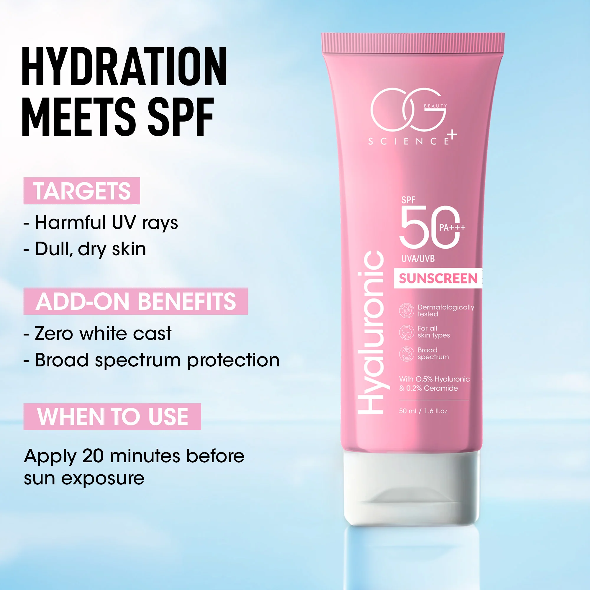 OG BEAUTY SCIENCE SPF 50 PA+++ Sunscreen - 0.5% Hyaluronic Acid & 0.2% Ceramide - UV Protection & Hydration - 50ml - Image 3