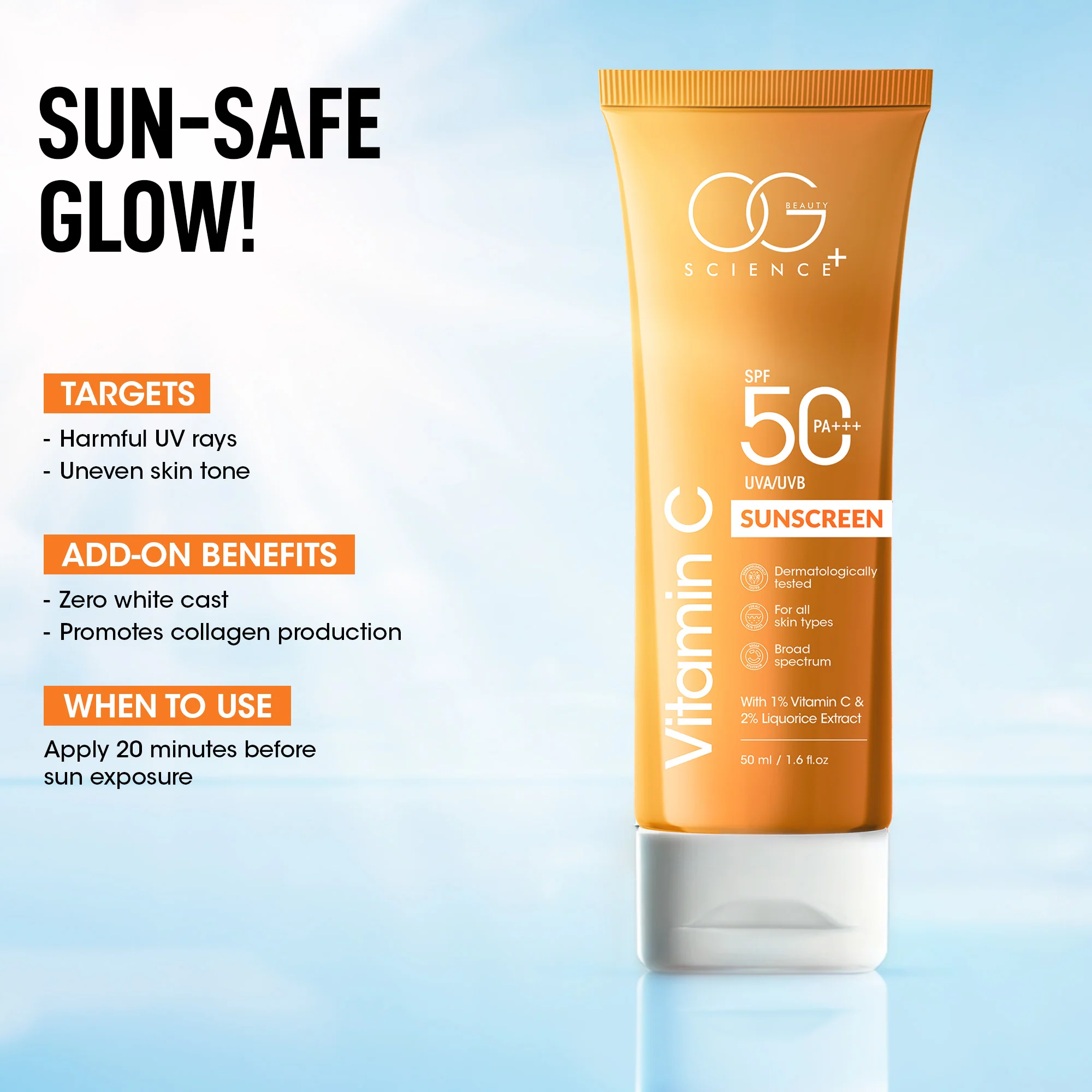 OG BEAUTY SCIENCE SPF 50 PA+++ Sunscreen - 1% Vitamin C & Liquorice for Radiant Skin - UV Protection & Hydration - 50ml - Image 3