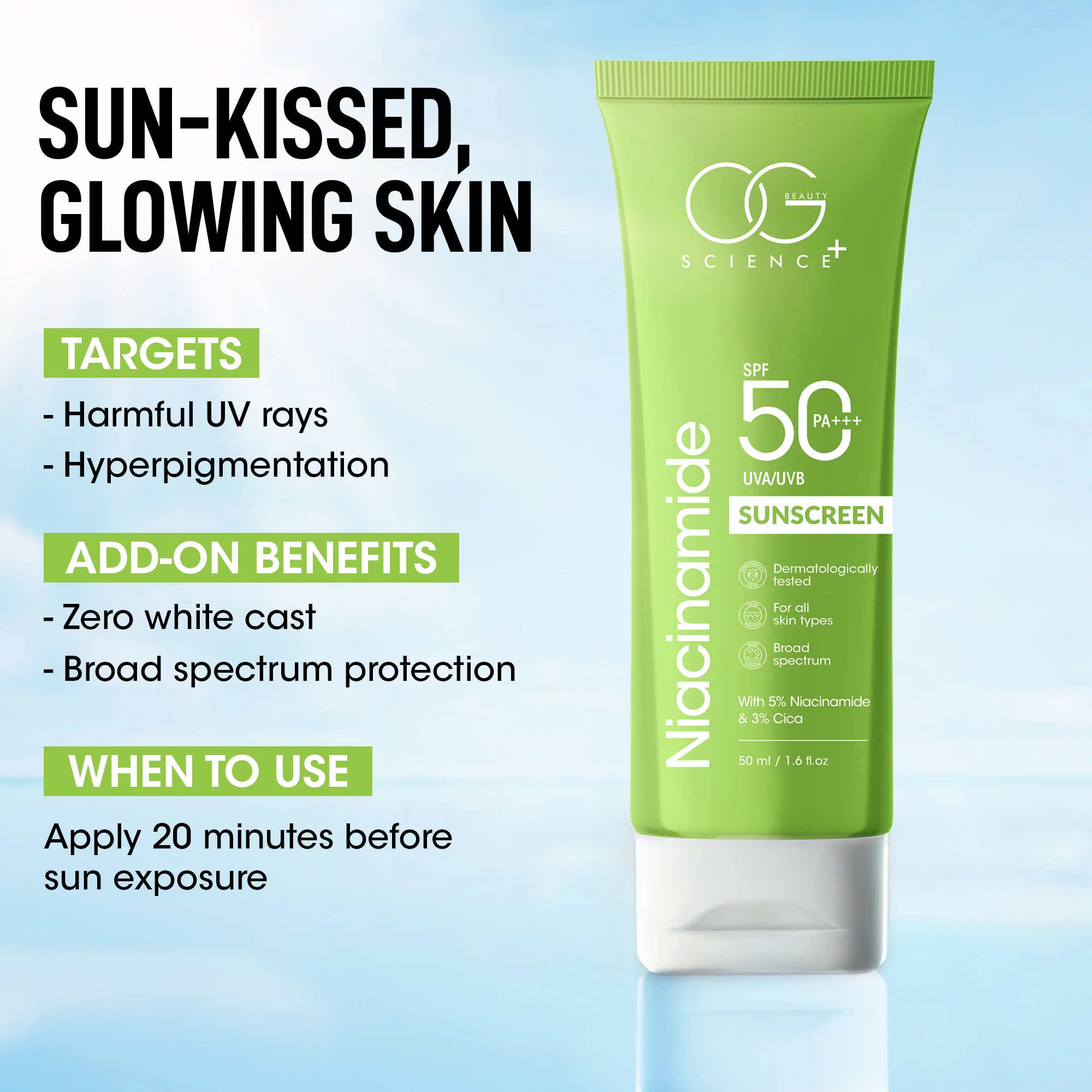 OG BEAUTY SCIENCE SPF 50 PA+++ Sunscreen - 5% Niacinamide & Cica - UV Protection & Hydration - 50ml - Image 3