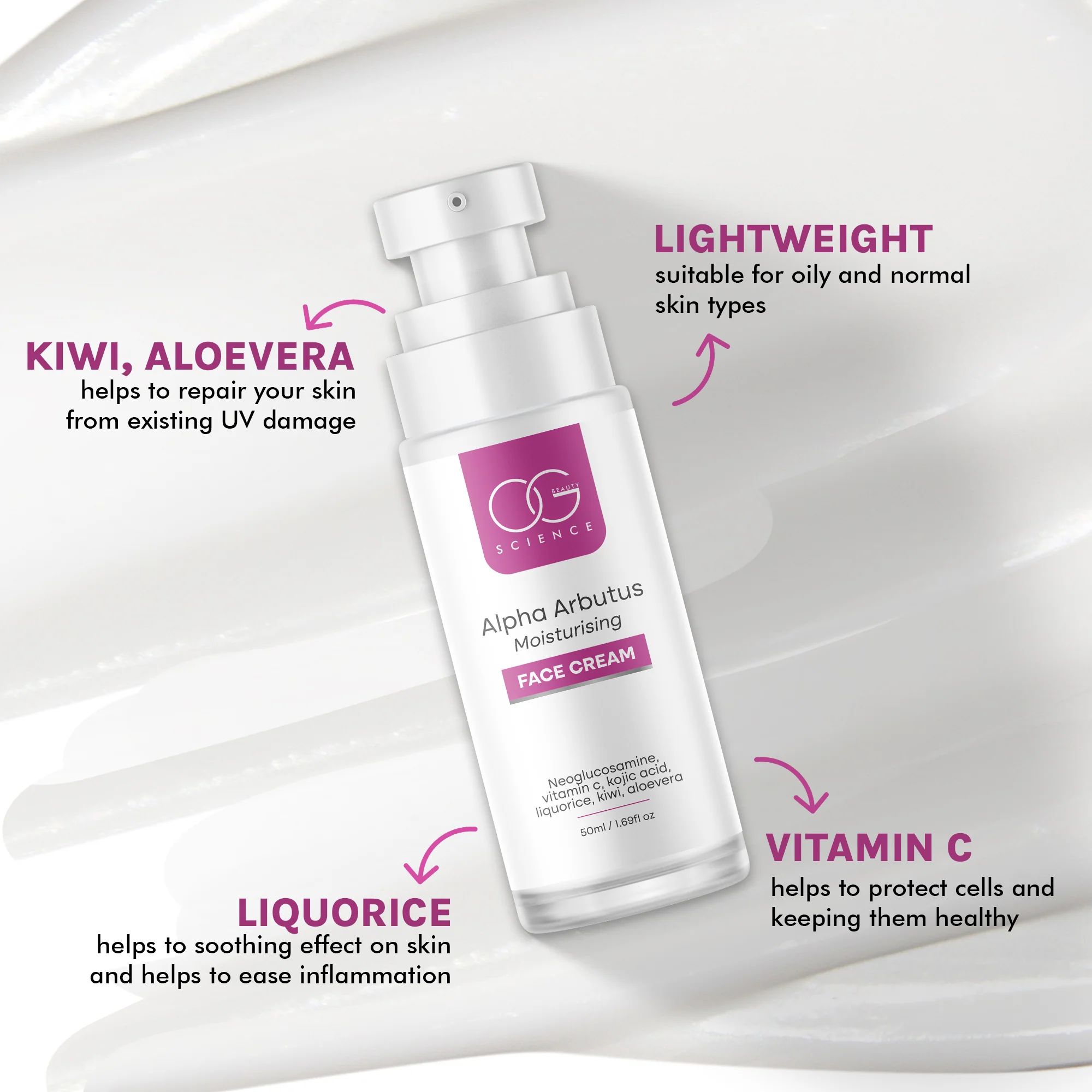 OG BEAUTY Science Alpha Arbutus Moisturising Face Cream 50ml - Image 3