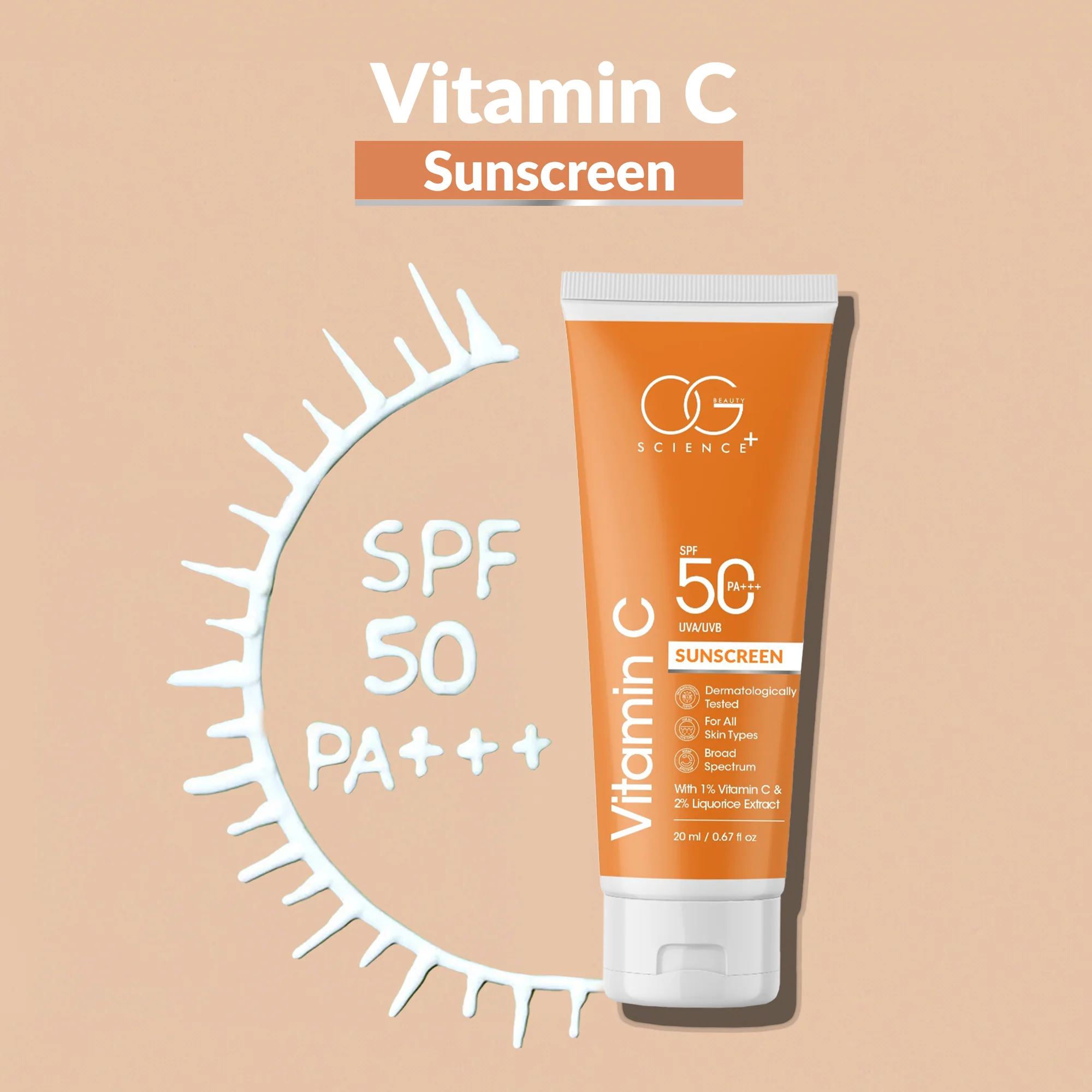 OG BEAUTY SCIENCE SPF 50 PA+++ Sunscreen, Vitamin C and Liquorice, Dermatologist Approved, Lightweight and Hydrating, 20ml - Image 3