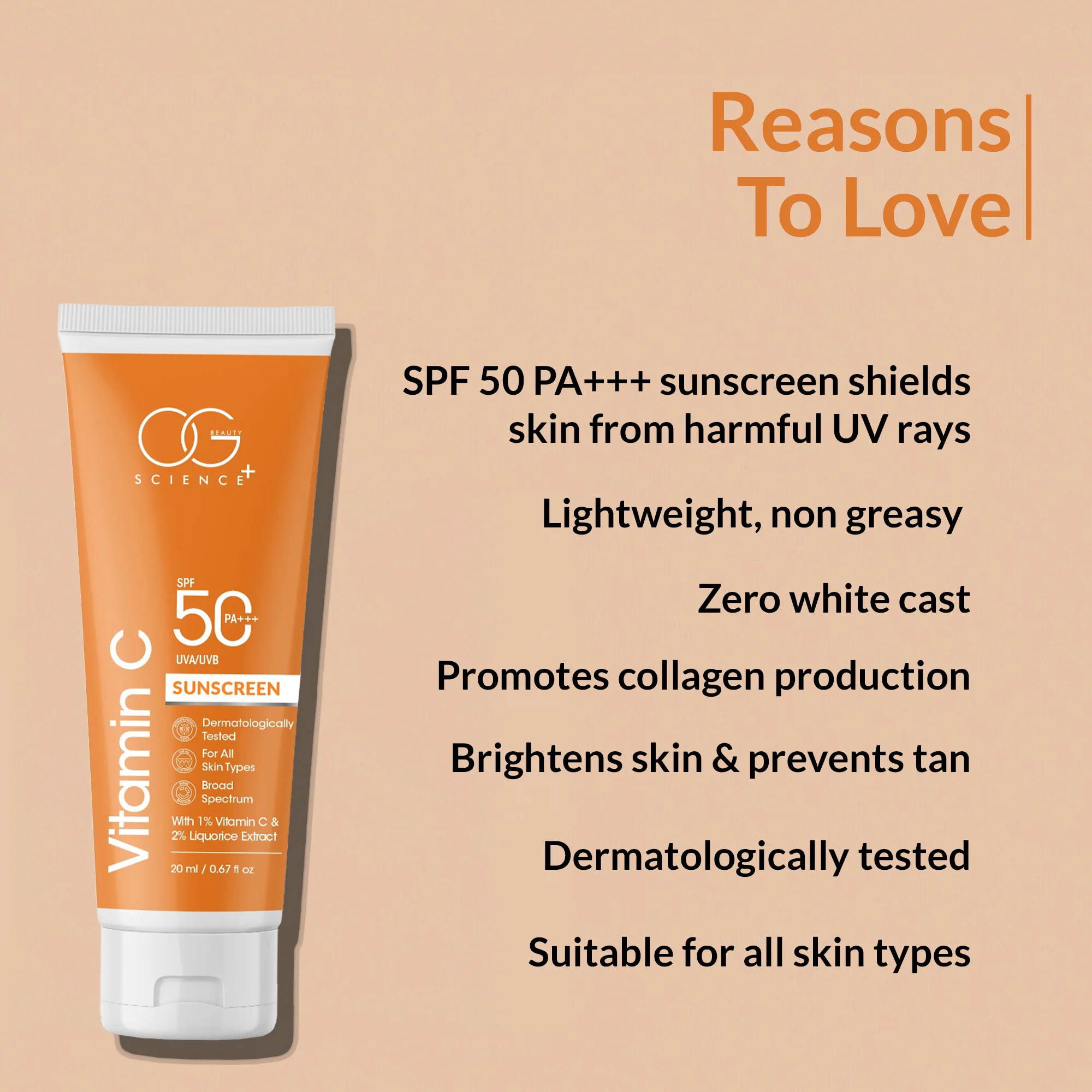 OG BEAUTY SCIENCE SPF 50 PA+++ Sunscreen, Vitamin C and Liquorice, Dermatologist Approved, Lightweight and Hydrating, 20ml - Image 5