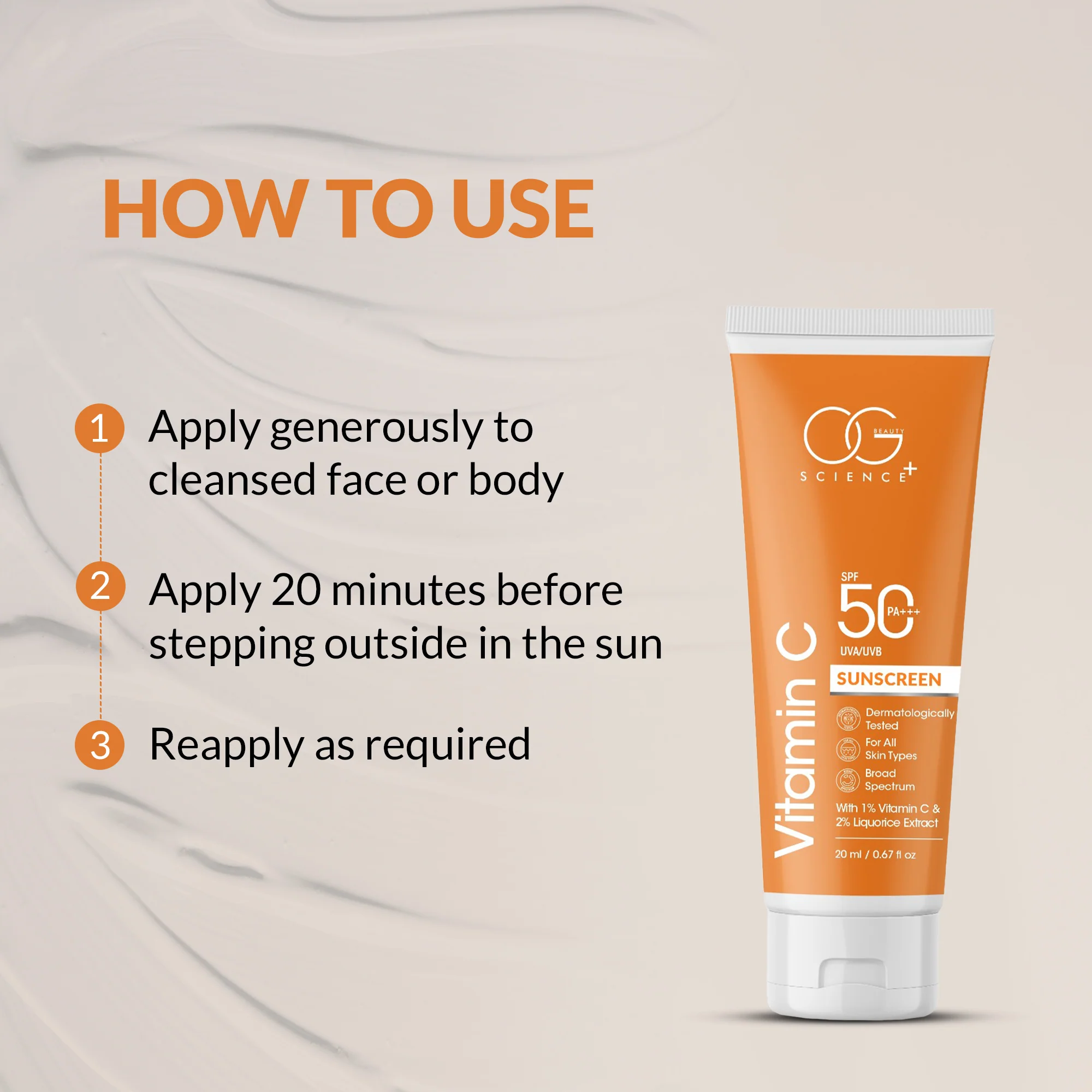 OG BEAUTY SCIENCE SPF 50 PA+++ Sunscreen, Vitamin C and Liquorice, Dermatologist Approved, Lightweight and Hydrating, 20ml - Image 6